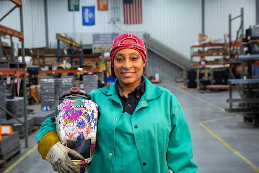 A woman welder in our plant in US