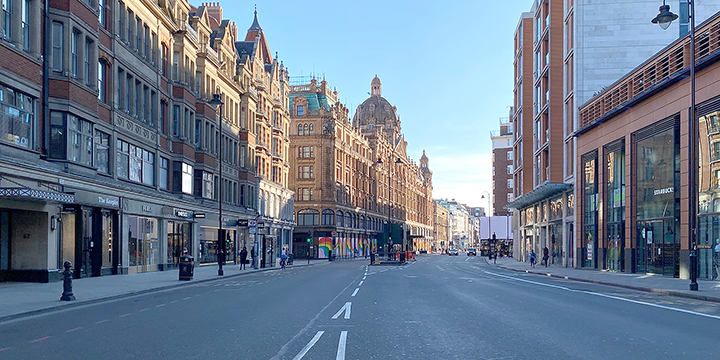 A deserted Knightsbridge, during the lockdown of London due to the covid 19 health crisis